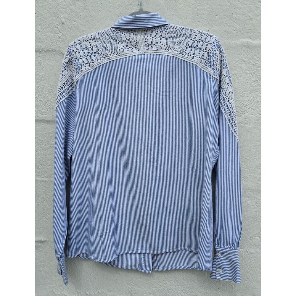 Calligraphie Anthropologie Top Large Blue White Striped Button Up Ivory Crochet - Picture 8 of 13